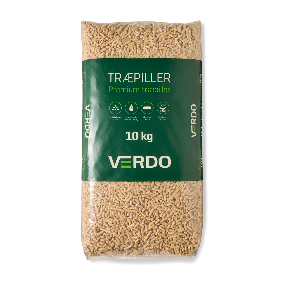 Verdo Premium træpiller 6 mm · 10 kg pr. pose · 900 kg pr. palle