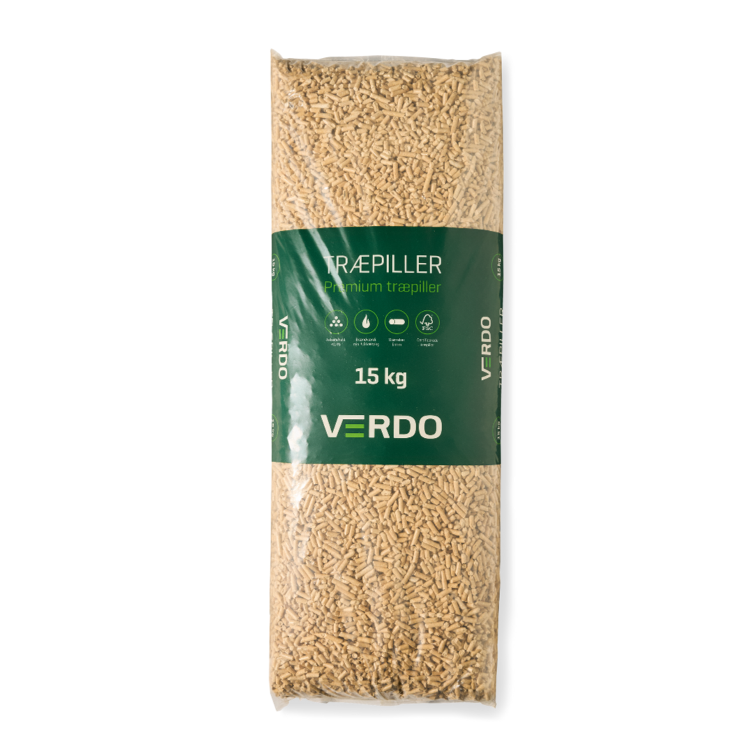 Verdo Premium træpiller 6 mm · 15 kg pr. pose · 900 kg pr. palle