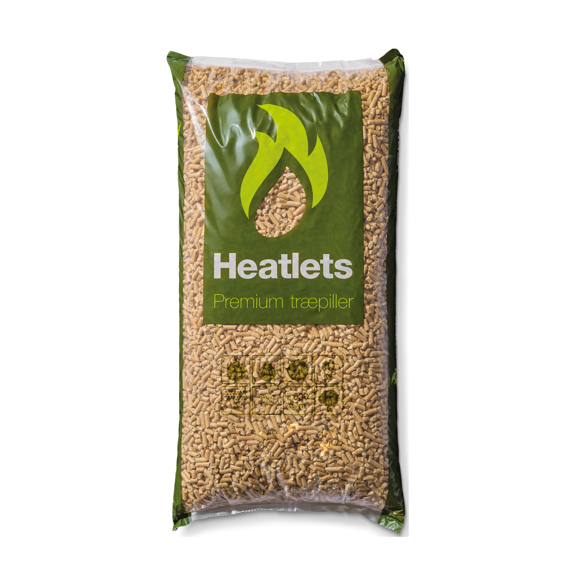 Heatlets Premium træpiller 6 mm · 10 kg pr. pose · 900 kg pr. palle