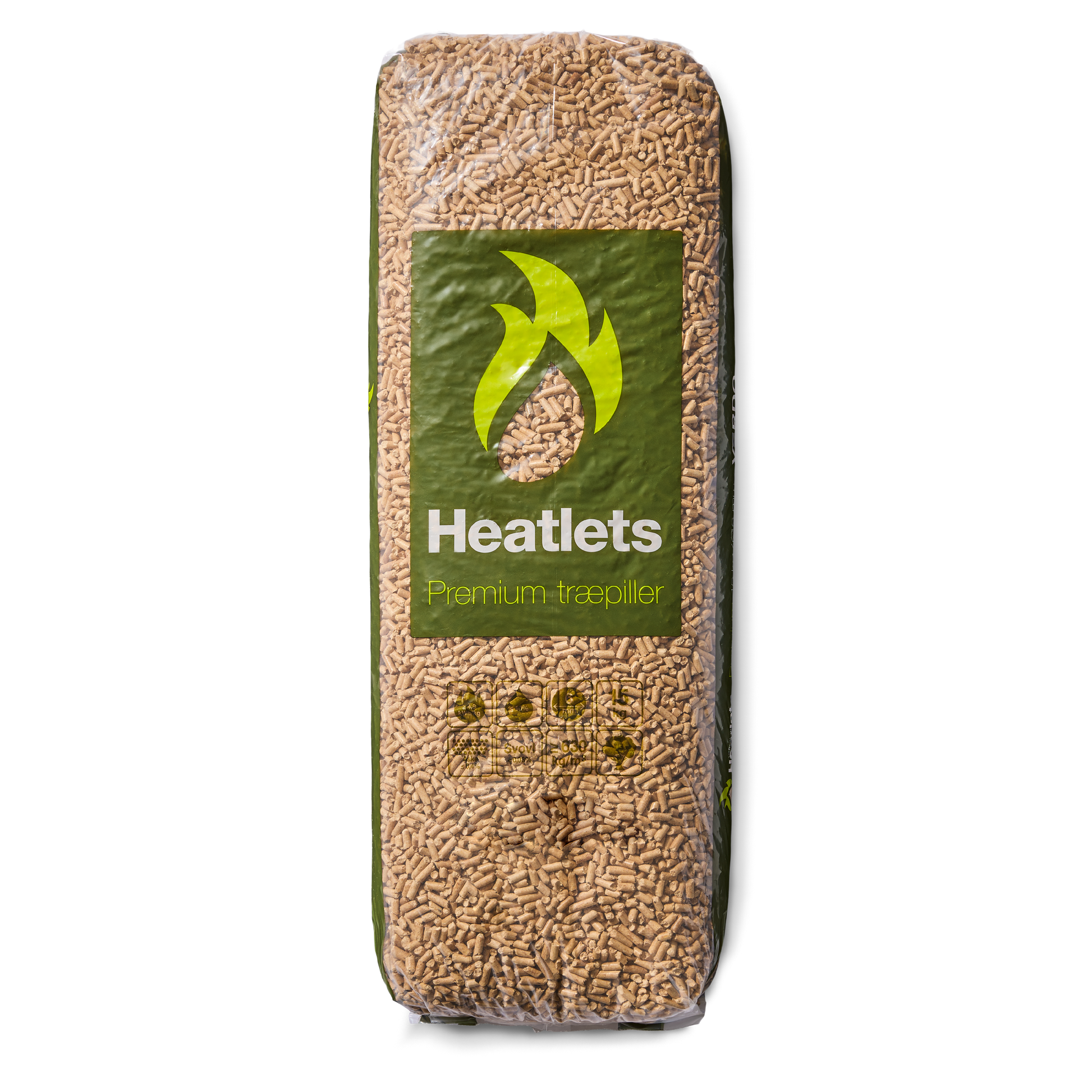 Heatlets Premium træpiller 6 mm · 15 kg pr. pose · 900 kg pr. palle
