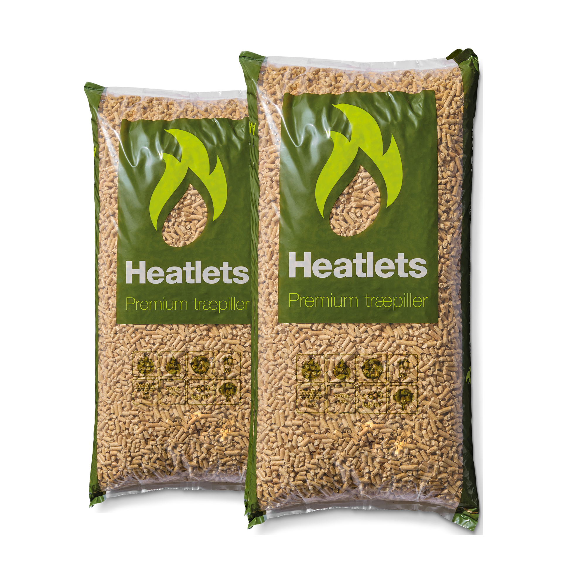 Heatlets Premium træpiller 6 mm · 10 kg pr. pose · 900 kg pr. palle