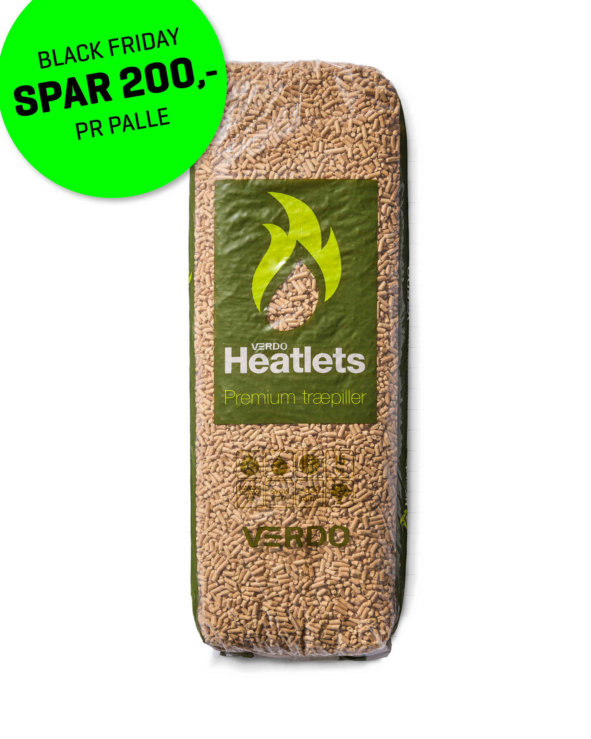 Heatlets Premium træpiller 8 mm · 15 kg pr. pose · 900 kg pr. palle