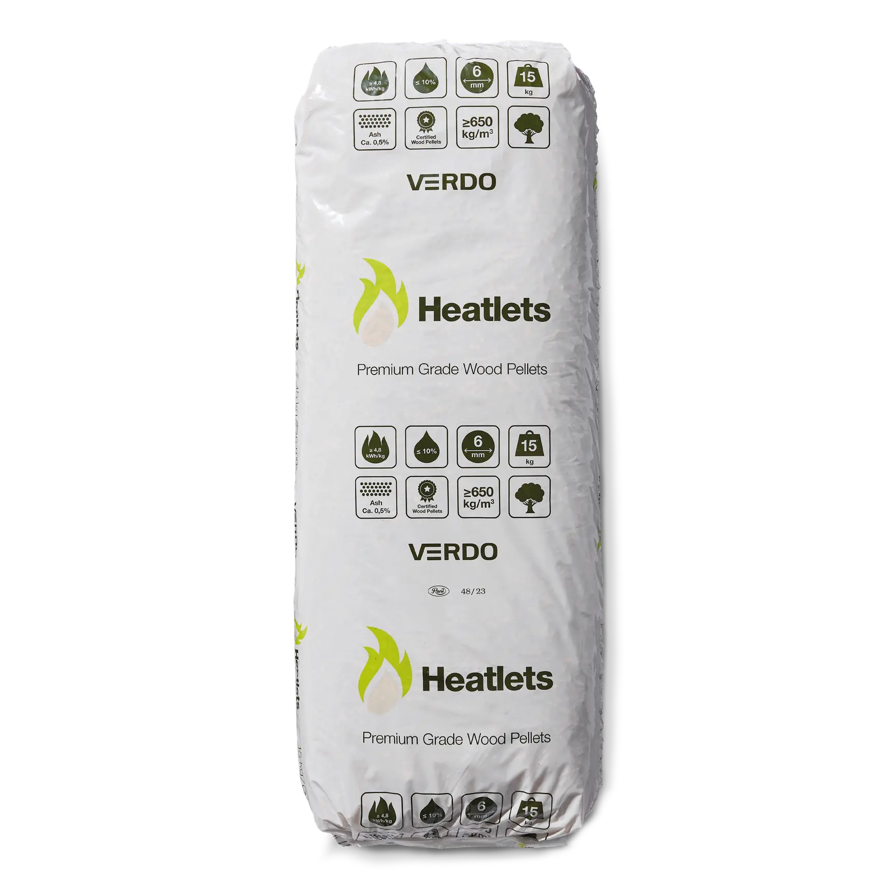 Heatlets træpiller 6 mm · 15 kg pr. pose · 900 kg pr. palle