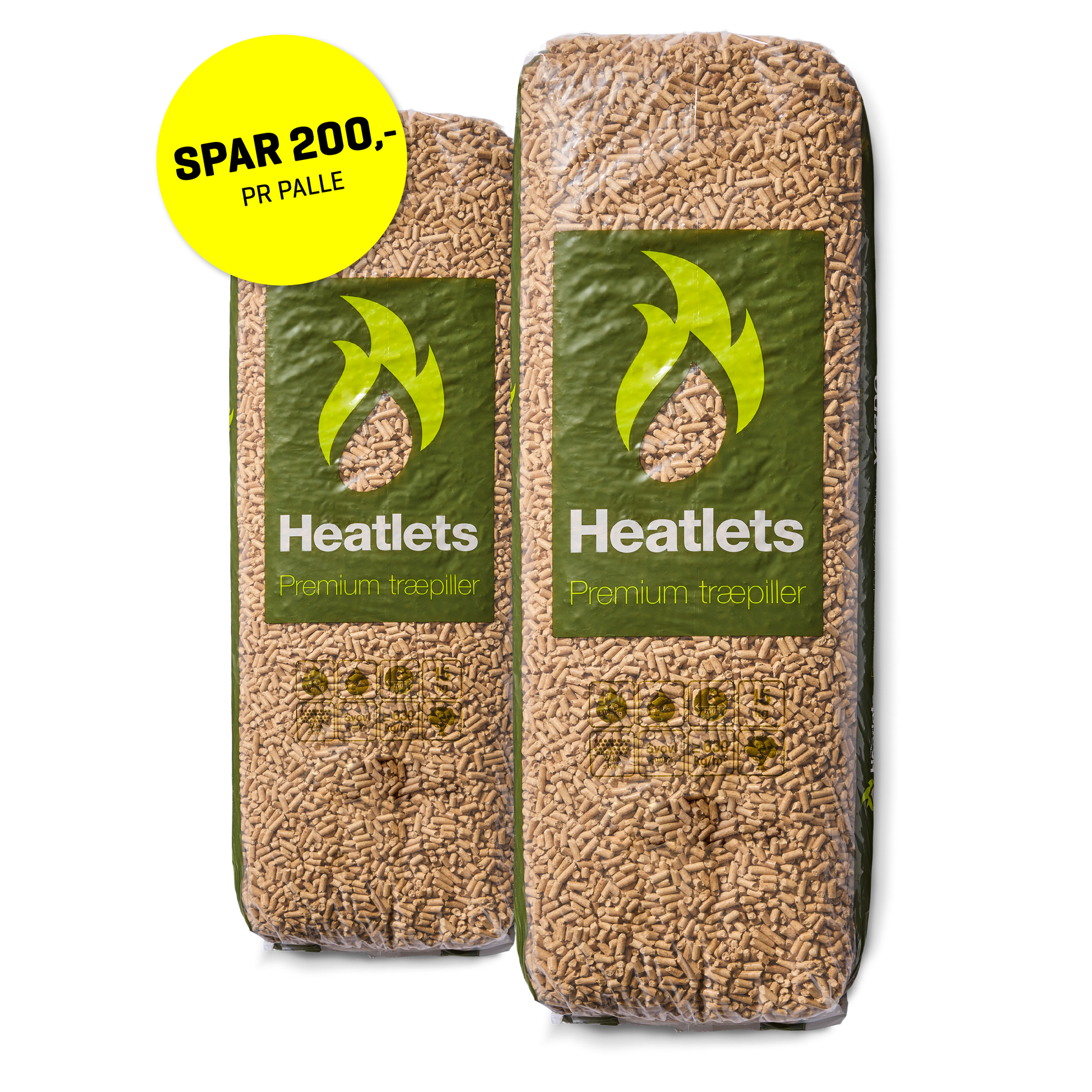 Heatlets Premium træpiller 6 mm · 10 kg pr. pose · 900 kg pr. palle