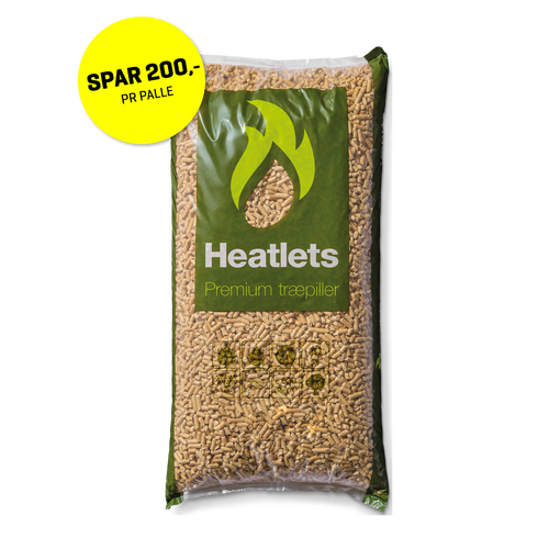 Heatlets Premium træpiller 6 mm · 15 kg pr. pose · 900 kg pr. palle