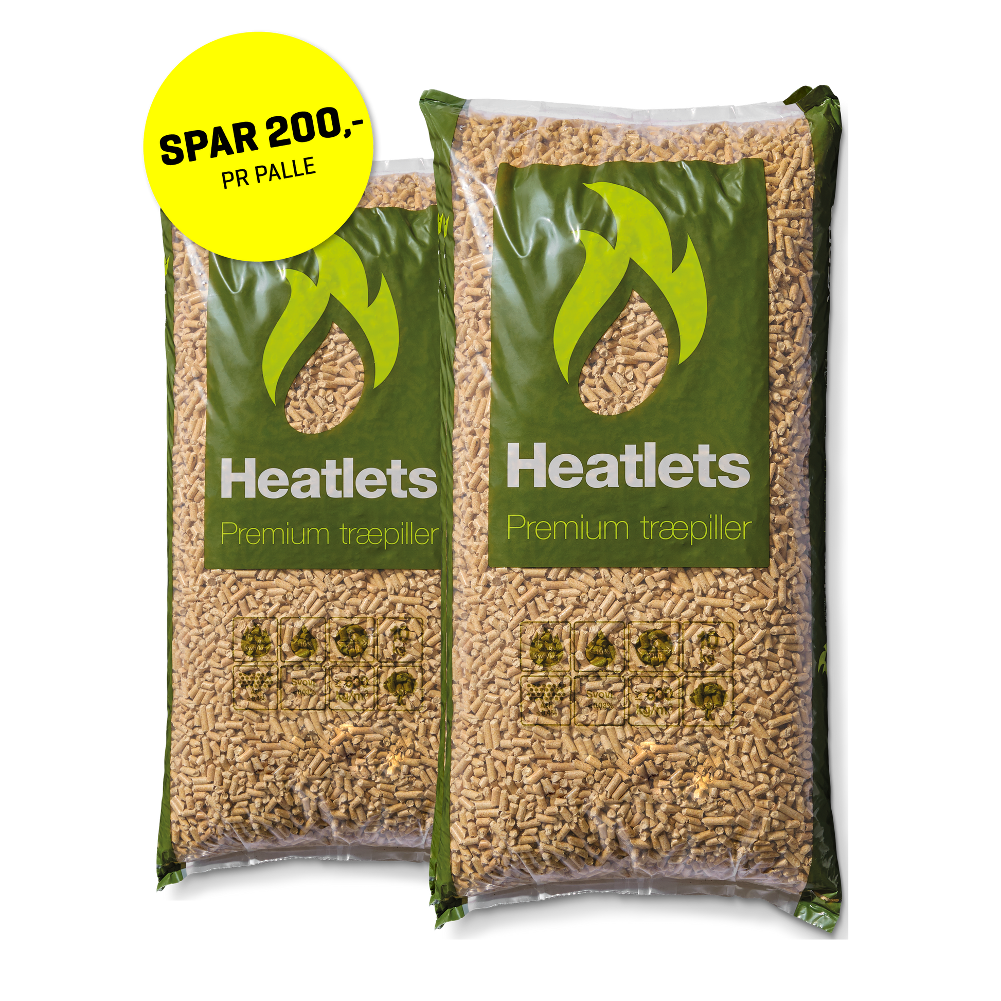 Heatlets Premium træpiller 6 mm · 15 kg pr. pose · 900 kg pr. palle