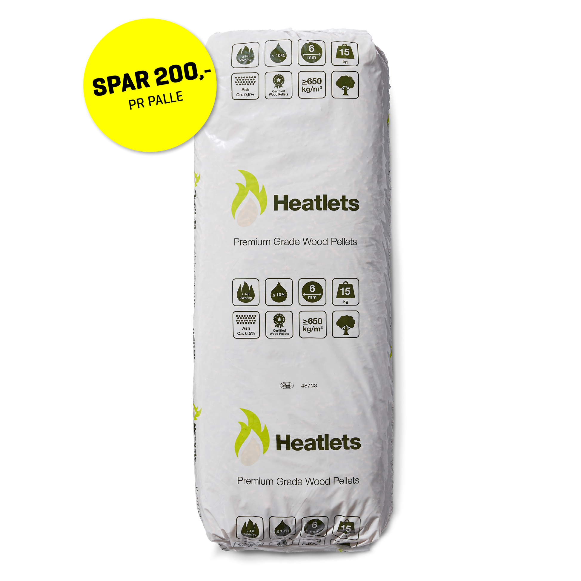 Heatlets træpiller 6 mm · 15 kg pr. pose · 900 kg pr. palle