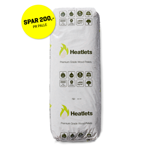 Heatlets træpiller 6 mm · 15 kg pr. pose · 900 kg pr. palle
