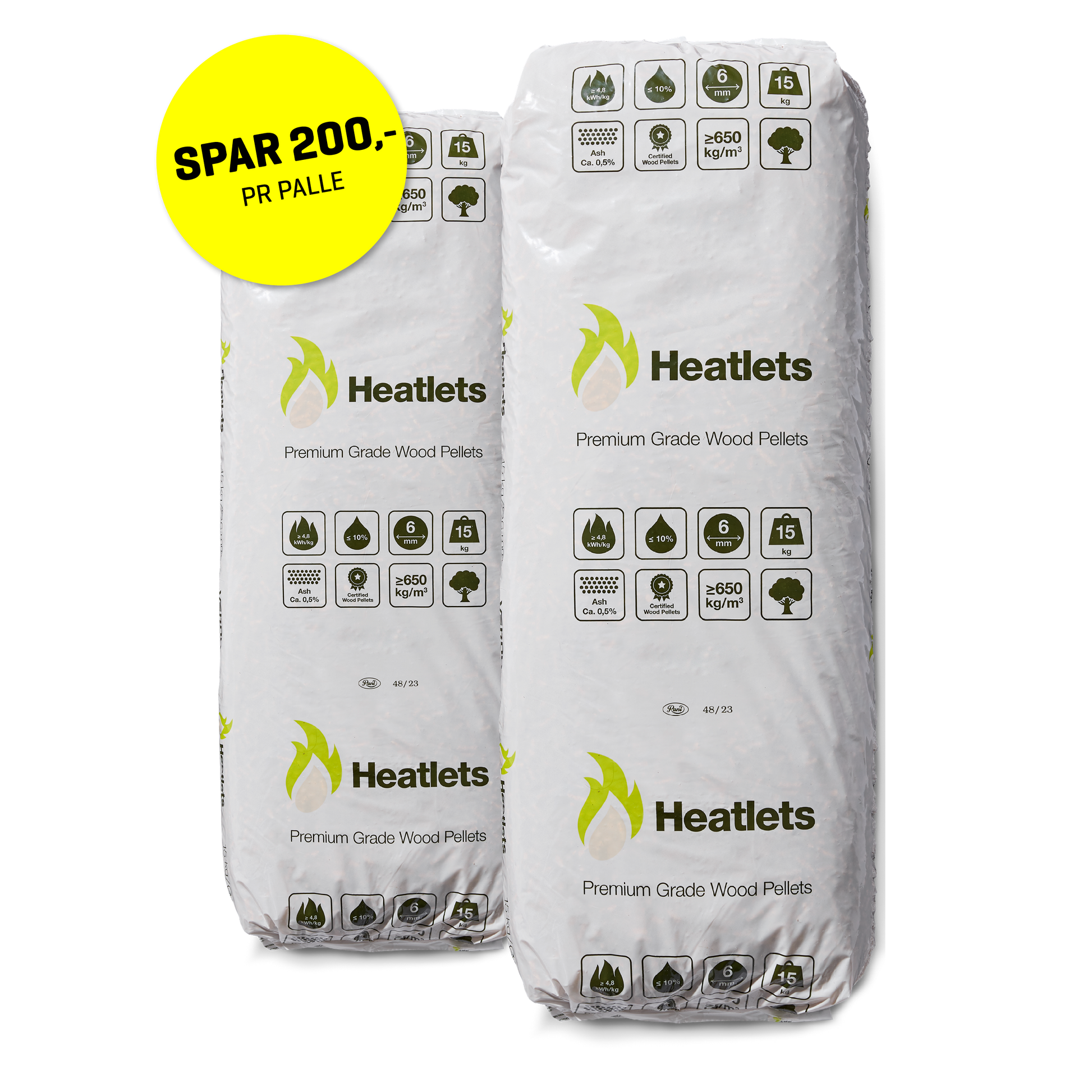 Heatlets træpiller 6 mm · 15 kg pr. pose · 900 kg pr. palle
