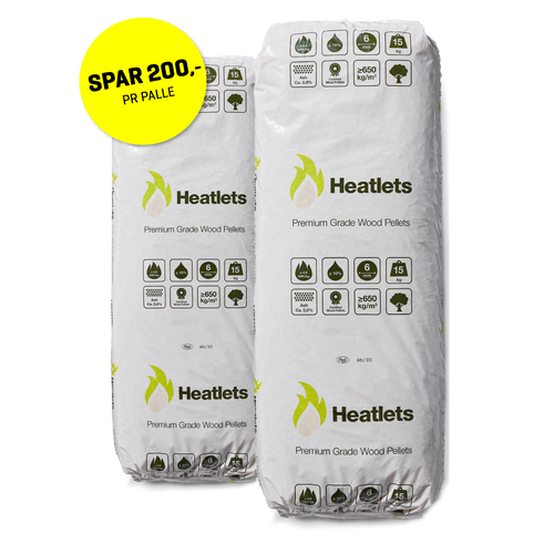 Heatlets træpiller 6 mm · 15 kg pr. pose · 900 kg pr. palle