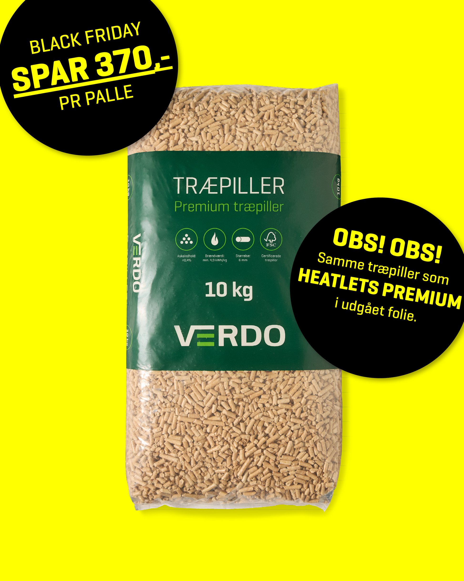 Verdo Premium træpiller 6 mm · 10 kg pr. pose · 900 kg pr. palle